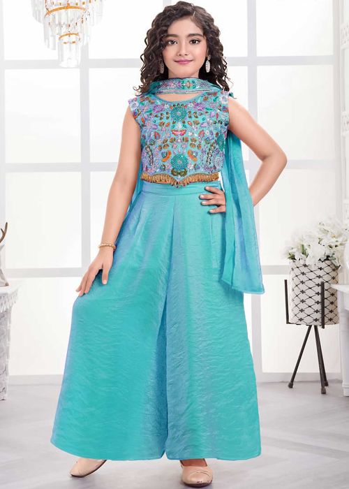 Turquoise Art Silk Kids Palazzo Set With Thread Embroidery