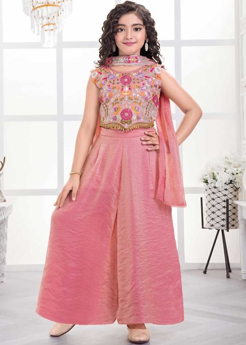 Peach Art Silk Kids Palazzo Set With Thread Work