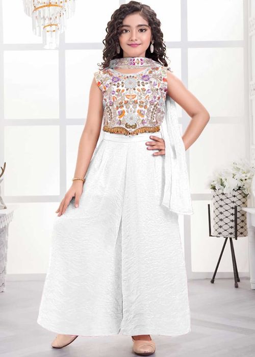 White Art Silk Kids Palazzo Set With Thread Accent