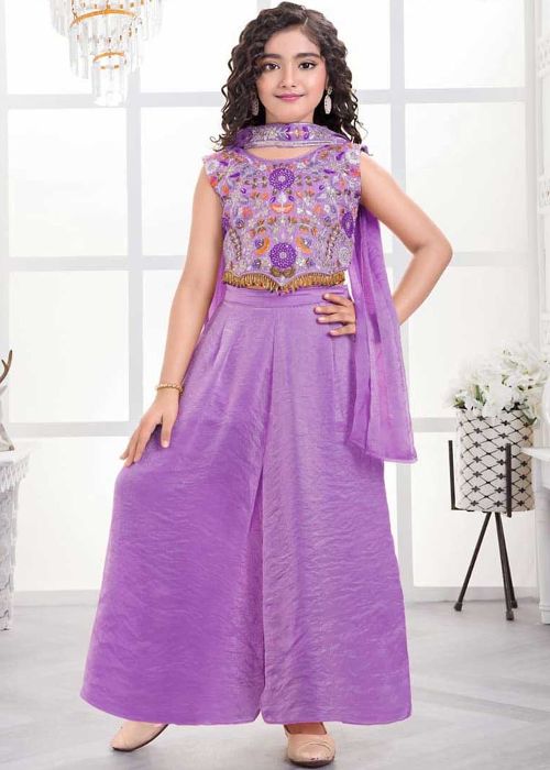 Lavender Art Silk Kids Palazzo Set With Embroidery