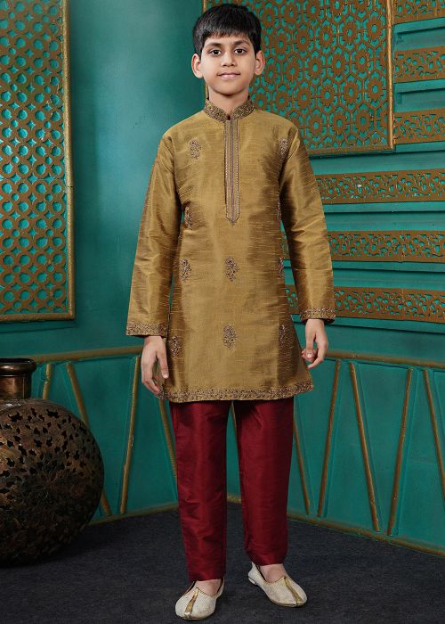 Golden Art Silk Embroidered Kids Kurta With Pajama