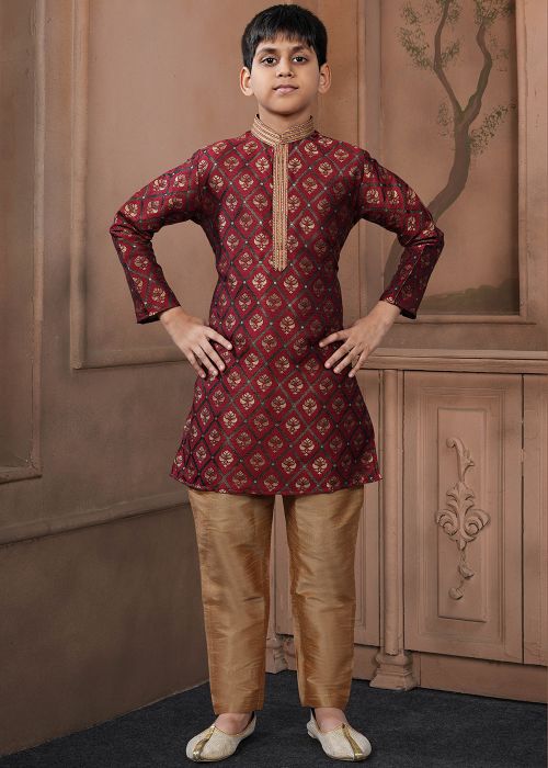 Maroon Woven Kids Kurta With Pajama