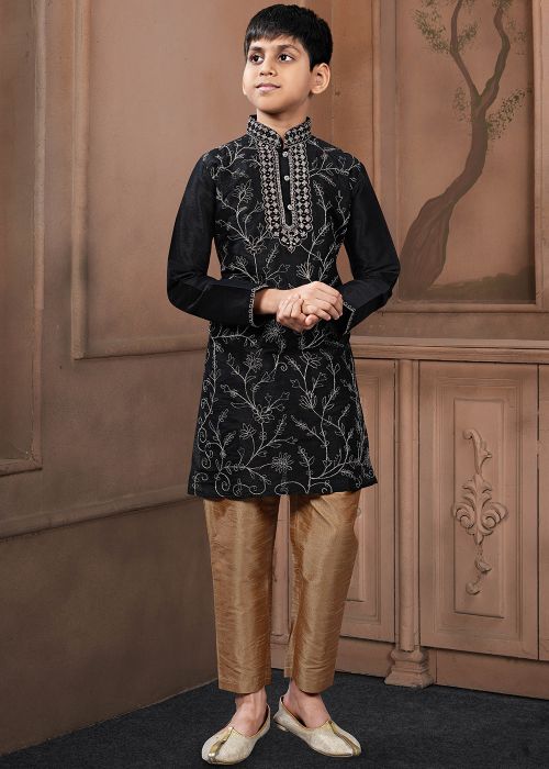 Black Embroidered Kids Kurta With Pajama