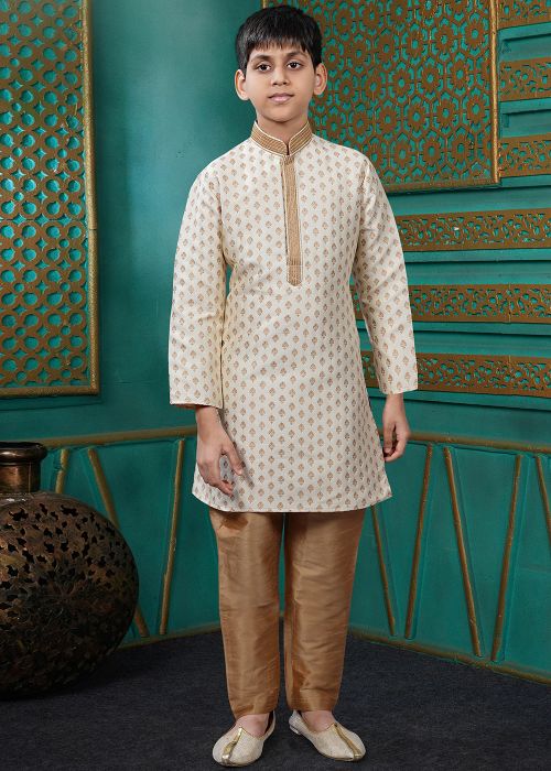 Cream Jacquard Kids Woven Kurta Pajama