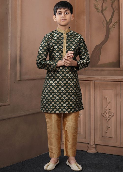 Green Jacquard Woven Kids Kurta Pajama