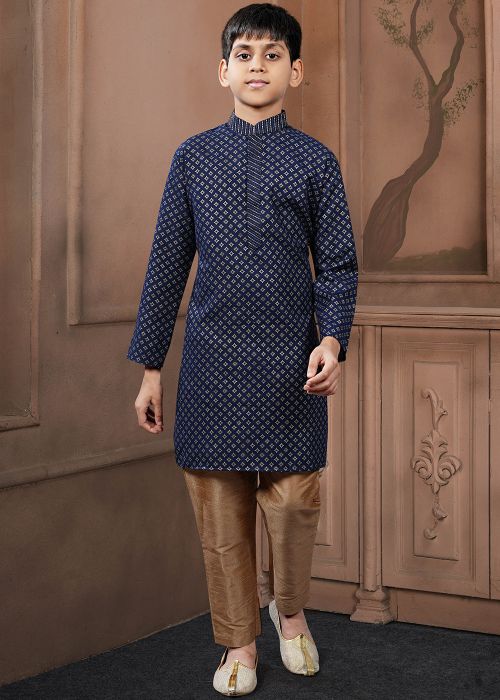 Navy Blue Printed Cotton Kids Kurta Pajama