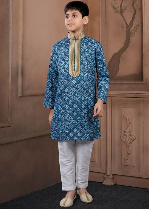 Blue Printed Cotton Kids Kurta Pajama Set