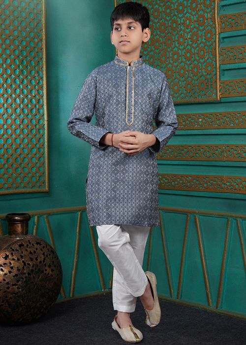 Grey Jacquard Kids Kurta Pajama With Woven Motifs