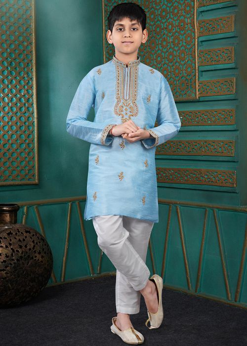 Sky Blue Kids Kurta Pajama With Embroidery