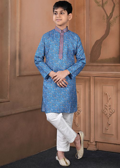 Blue Printed Cotton Kids Kurta Pajama Set