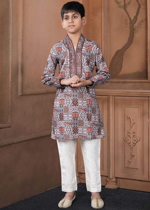 Brown Printed Cotton Kids Kurta Pajama Set