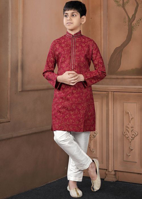 Maroon Printed Cotton Kids Kurta Pajama