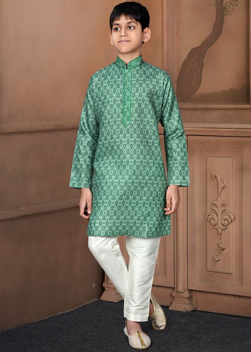 Green Printed Cotton Kids Kurta Pajama