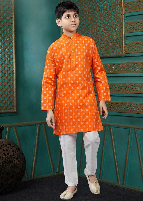 Orange Printed Cotton Kids Kurta Pajama Set