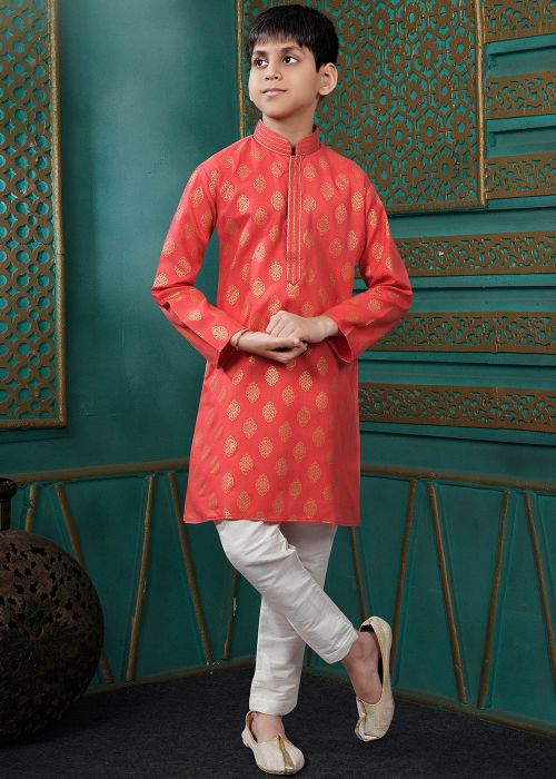 Coral Red Printed Cotton Kids Kurta Pajama Set