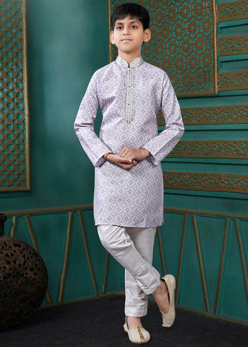 Lavender Printed Cotton Kids Kurta Pajama