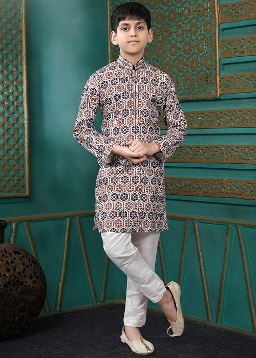 Cream Printed Cotton Kids Kurta Pajama Set