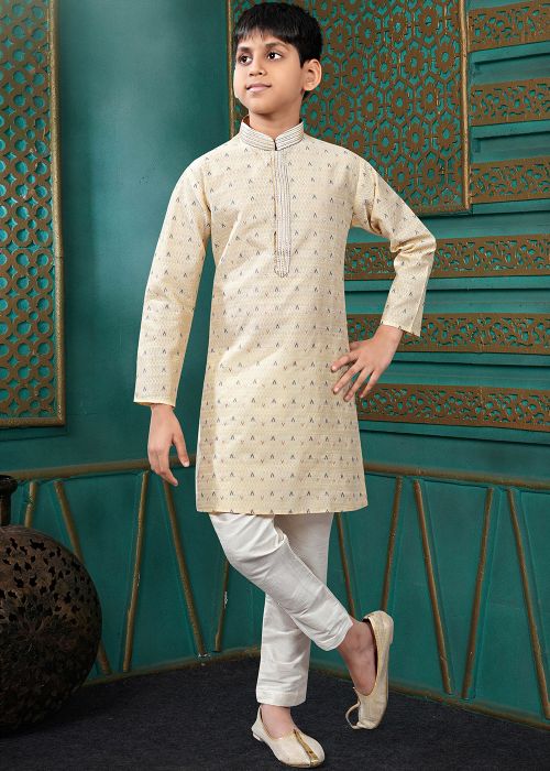 Golden Jacquard Woven Kids Kurta Pajama Set