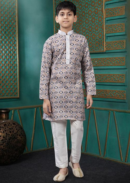 Grey Printed Cotton Kids Kurta Pajama