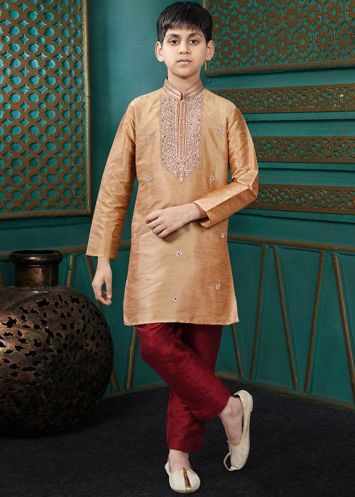 Peach Embroidered Art Silk Kids Kurta Pajama