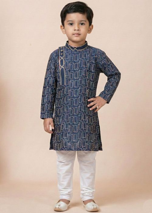 Navy Blue Cotton Kids Kurta Pajama With Printed Motifs