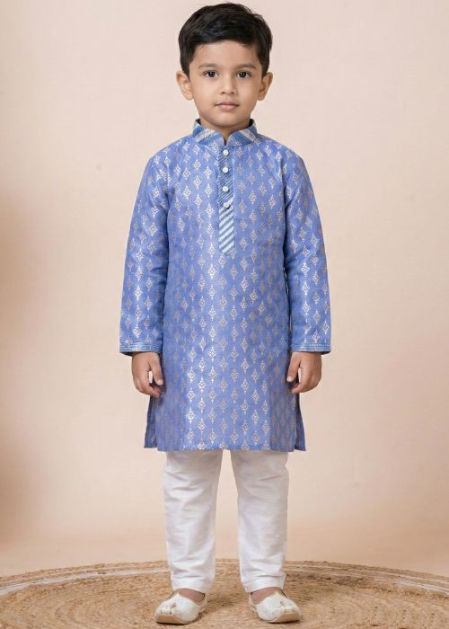 Sky Blue Kids Kurta Pajama With Woven Motifs