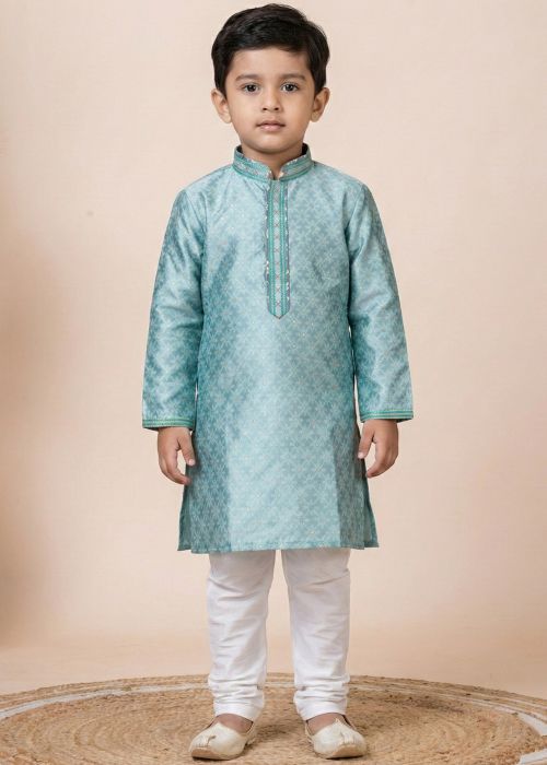 Turquoise Kids Kurta Pajama With Contrast Placket