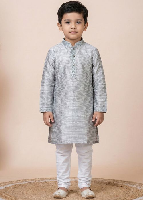 Grey Jacquard Kids Kurta Pajama With Textured Weave