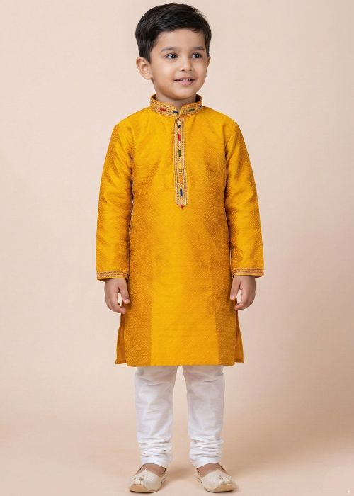 Mustard Yellow Kids Kurta Pajama With Embroidered Placket