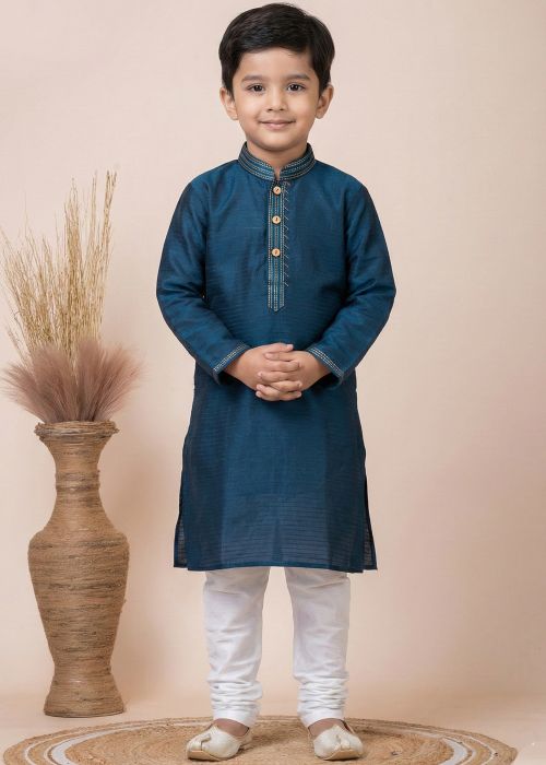 Teal Blue Kurta Pajama With Buttoned Placket