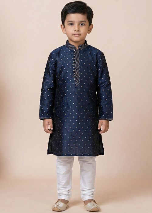 Navy Blue Kids Kurta Pajama With Dotted Weave