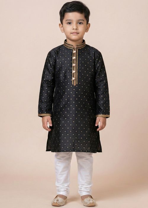 Black Kids Jacquard Kurta Pajama With Gold Buti