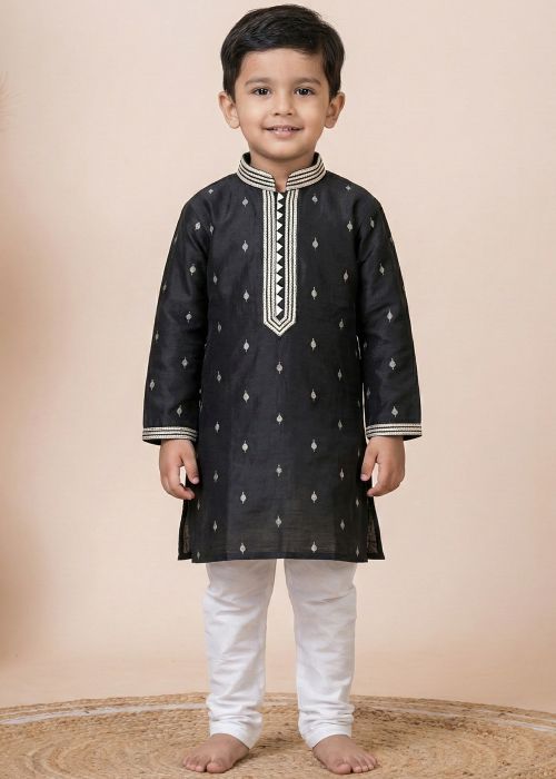 Black Kids Kurta Pajama With Silver Placket