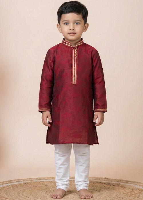 Maroon Kids Kurta Pajama With Woven Detail