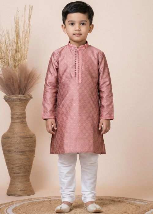 Peach Kids Kurta Pajama With Woven Texture
