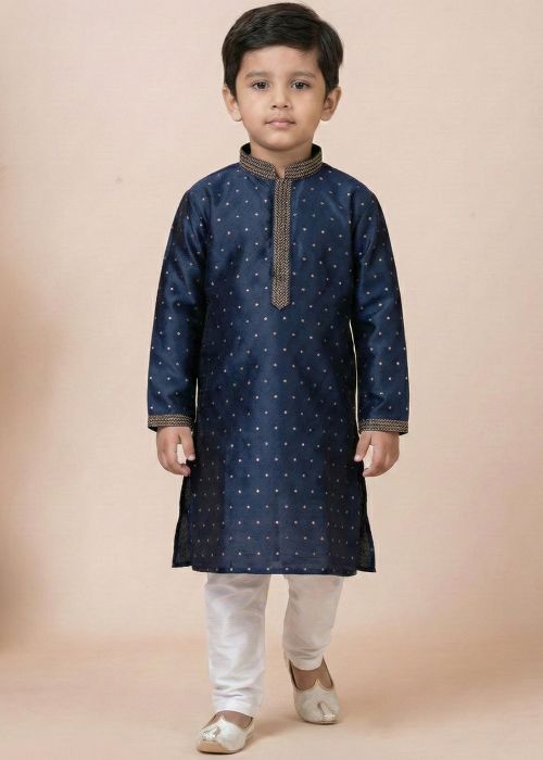 Navy Blue Kids Jacquard Kurta Pajama With Weave