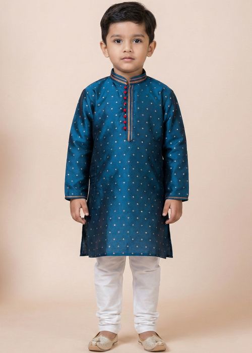 Teal Blue Kids Kurta Pajama With Button Placket