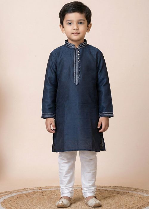 Midnight Blue Kids Kurta Pajama With Clean Placket