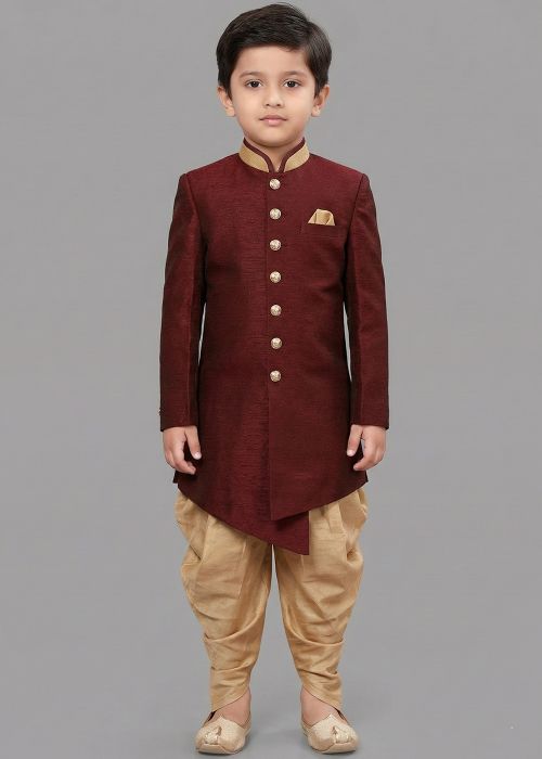 Maroon Kids Dupion Silk Dhoti Sherwani Set
