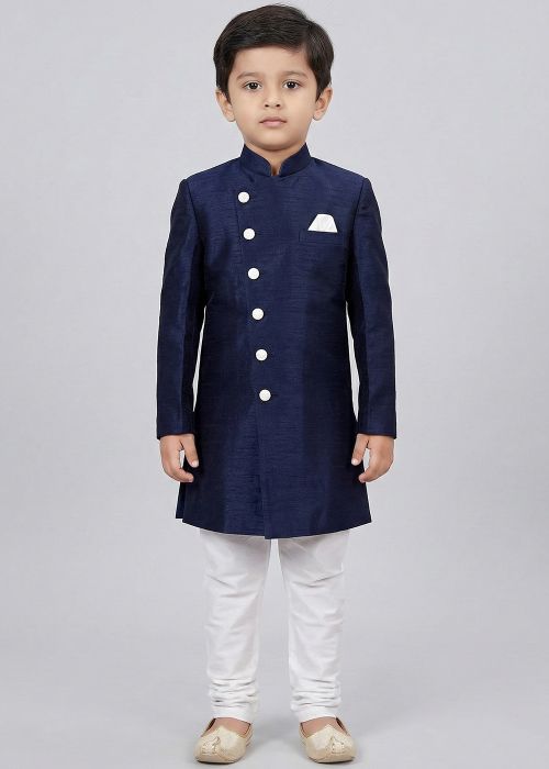 Navy Blue Kids Sherwani With White Pajama