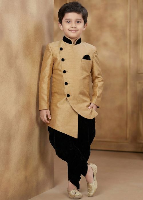 Golden Kids Dhoti Sherwani With Black Detail