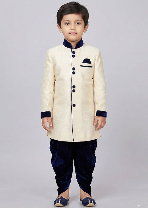 Cream Kids Sherwani Set With Velvet Dhoti