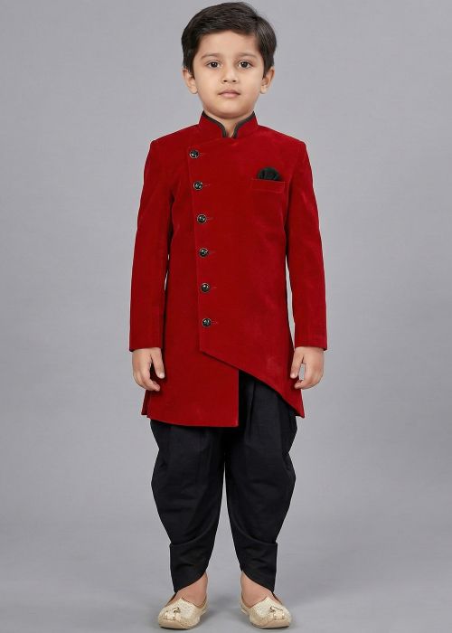 Red Dhoti Sherwani With Black Button Detail