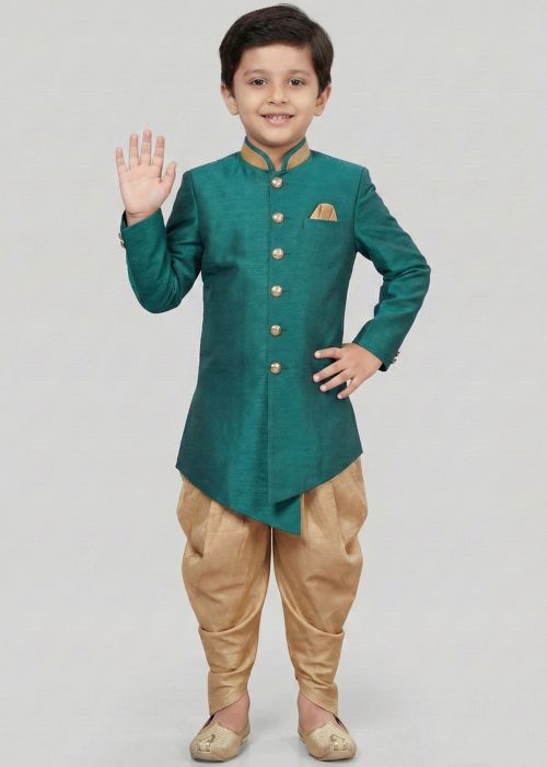Teal Green Kids Dhoti Sherwani With Gold Button
