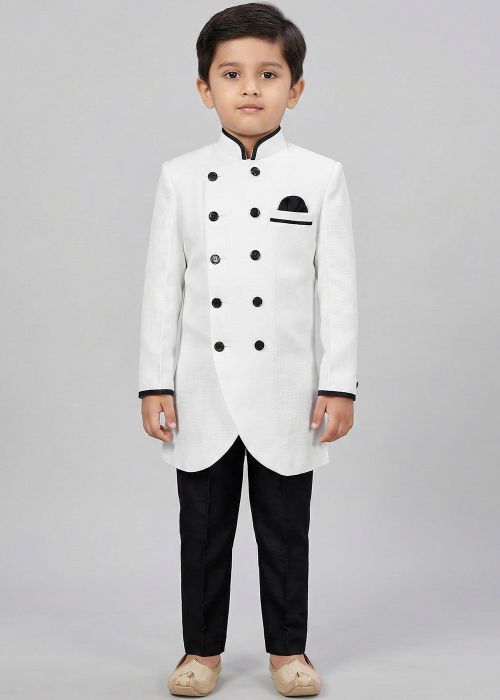 White Kids Sherwani With Black Button Detail