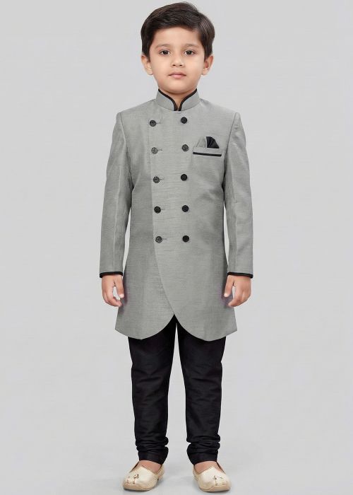 Grey Kids Sherwani With Black Accent Buttons