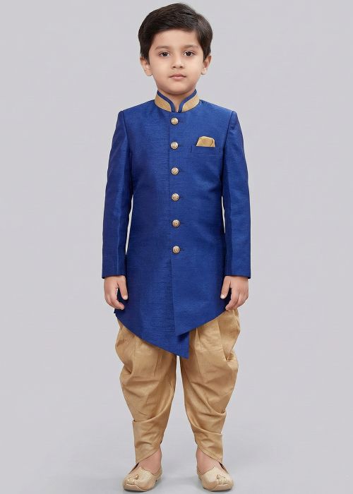 Royal Blue Kids Dhoti Sherwani With Gold Buttons