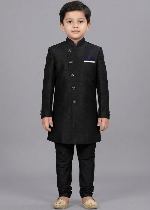 Black Kids Sherwani Set With Pocket Detail