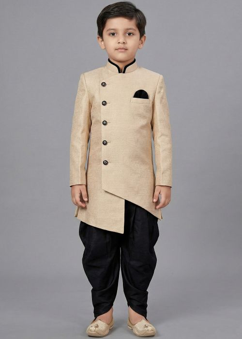 Cream Kids Dhoti Sherwani With Black Contrast