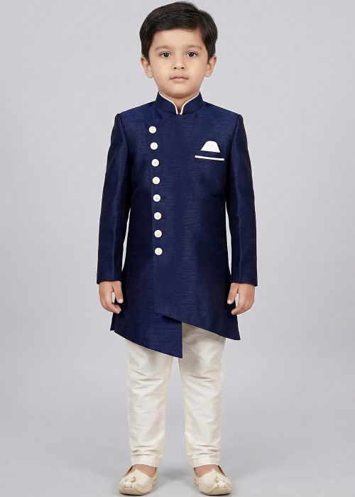 Navy Blue Asymmetric Kids Sherwani With White Pajama